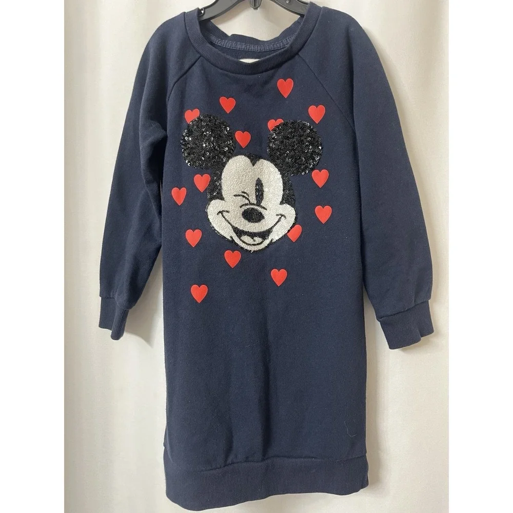 Gap Disney Size XS (4-5) Sweater Dress Mickey Mouse Navy w/ Heart Sequence  E 93